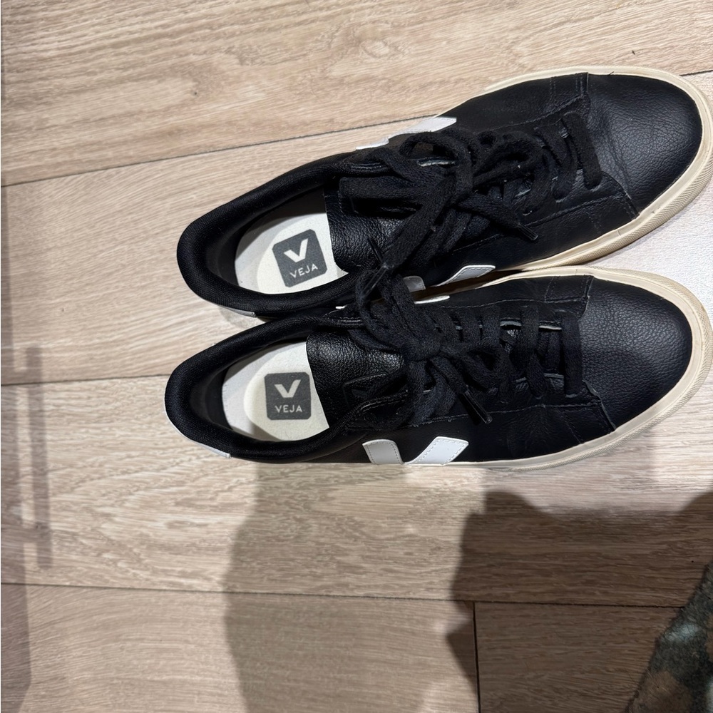Veja Black Leather Sneakers with White V Logo - Picture 2 of 6